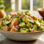 A close-up of a vibrant Chilled Salmon Avocado Salad featuring chunks of salmon, avocado, cucumber, and red onion, tossed with herbs.