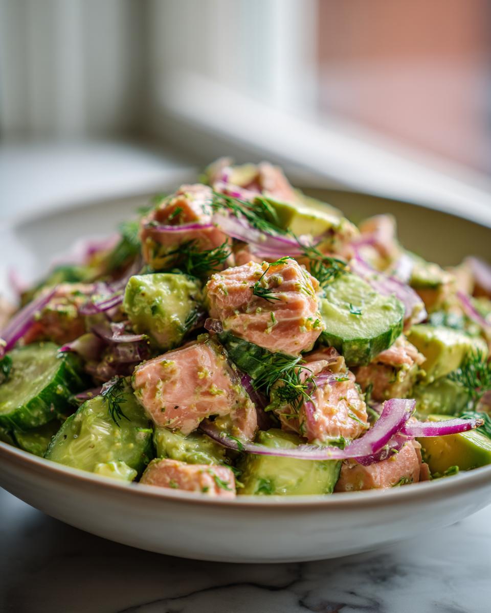 Close-up of a bowl filled with Chilled Salmon Avocado Salad, featuring chunks of salmon, avocado, cucumber slices, and red onion, garnished with fresh dill.