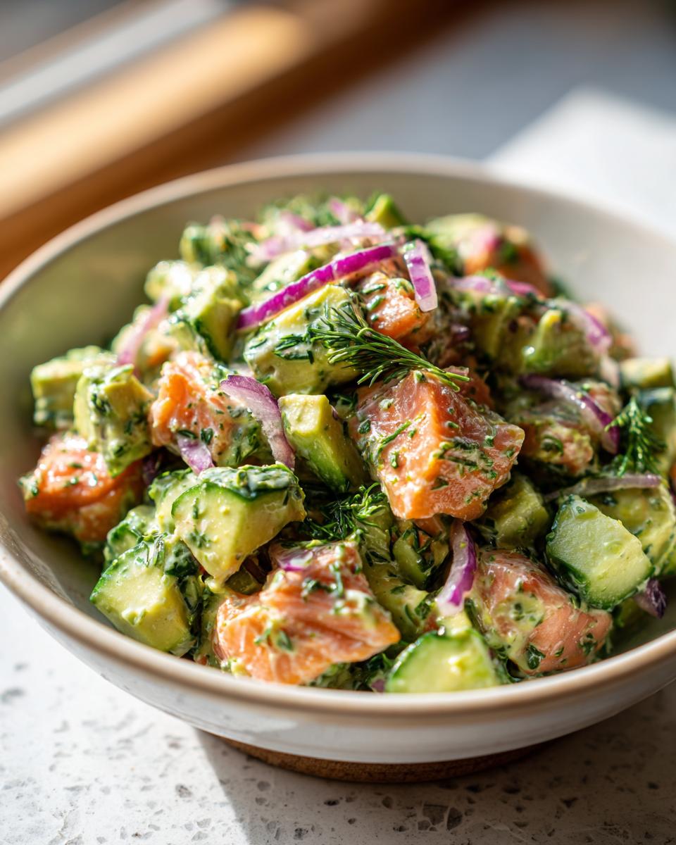 A close-up of a bowl filled with Chilled Salmon Avocado Salad, featuring chunks of salmon, avocado, cucumber, and red onion with fresh dill.