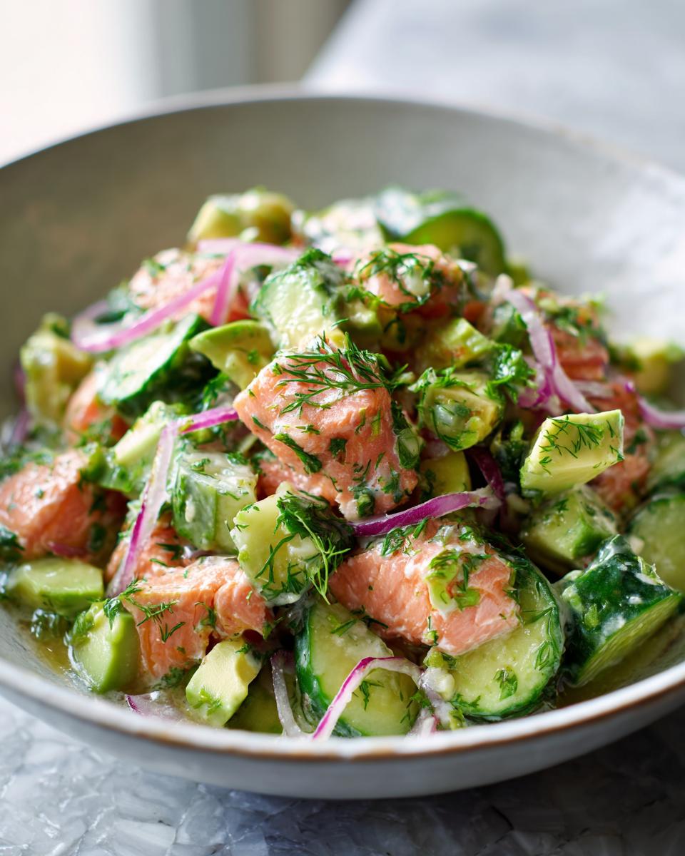 Close-up of a bowl of Chilled Salmon Avocado Salad with chunks of salmon, avocado, cucumber, and red onion, topped with fresh dill.