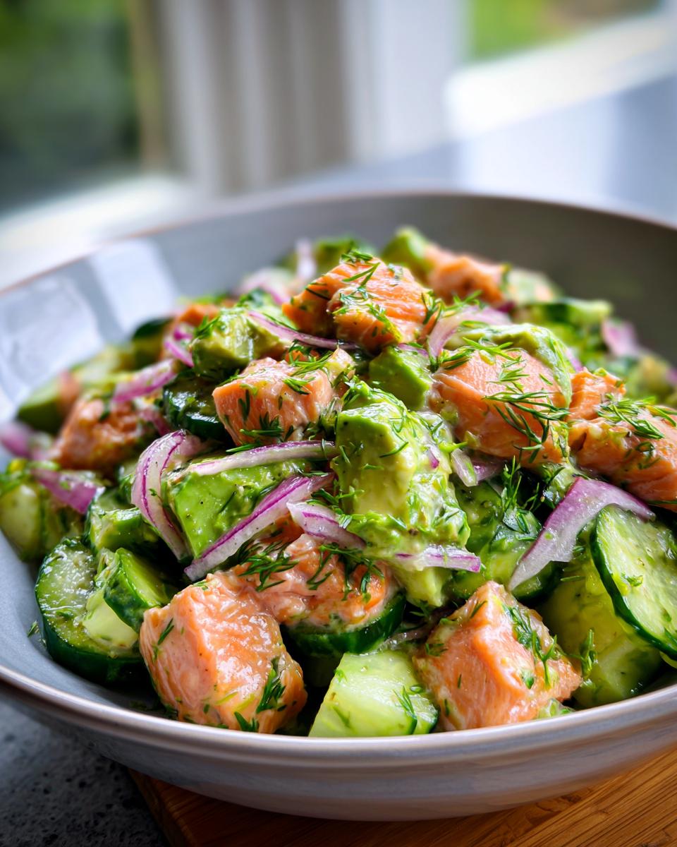 A close-up of a bowl filled with Chilled Salmon Avocado Salad, featuring chunks of salmon, avocado, cucumber, and red onion, garnished with fresh dill.