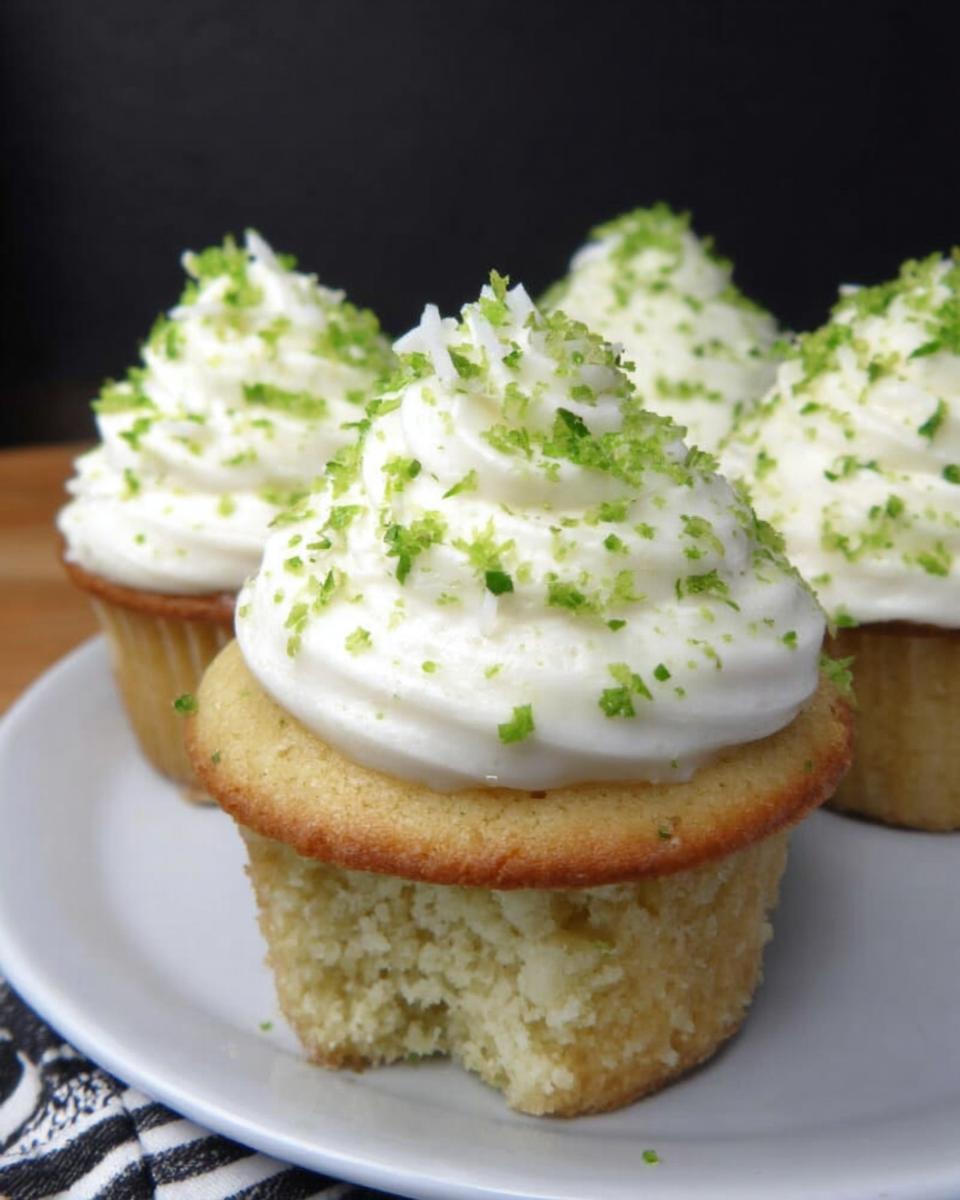 Close-up of delicious Coconut Lime Cupcakes Low Carb, topped with white frosting and lime zest.