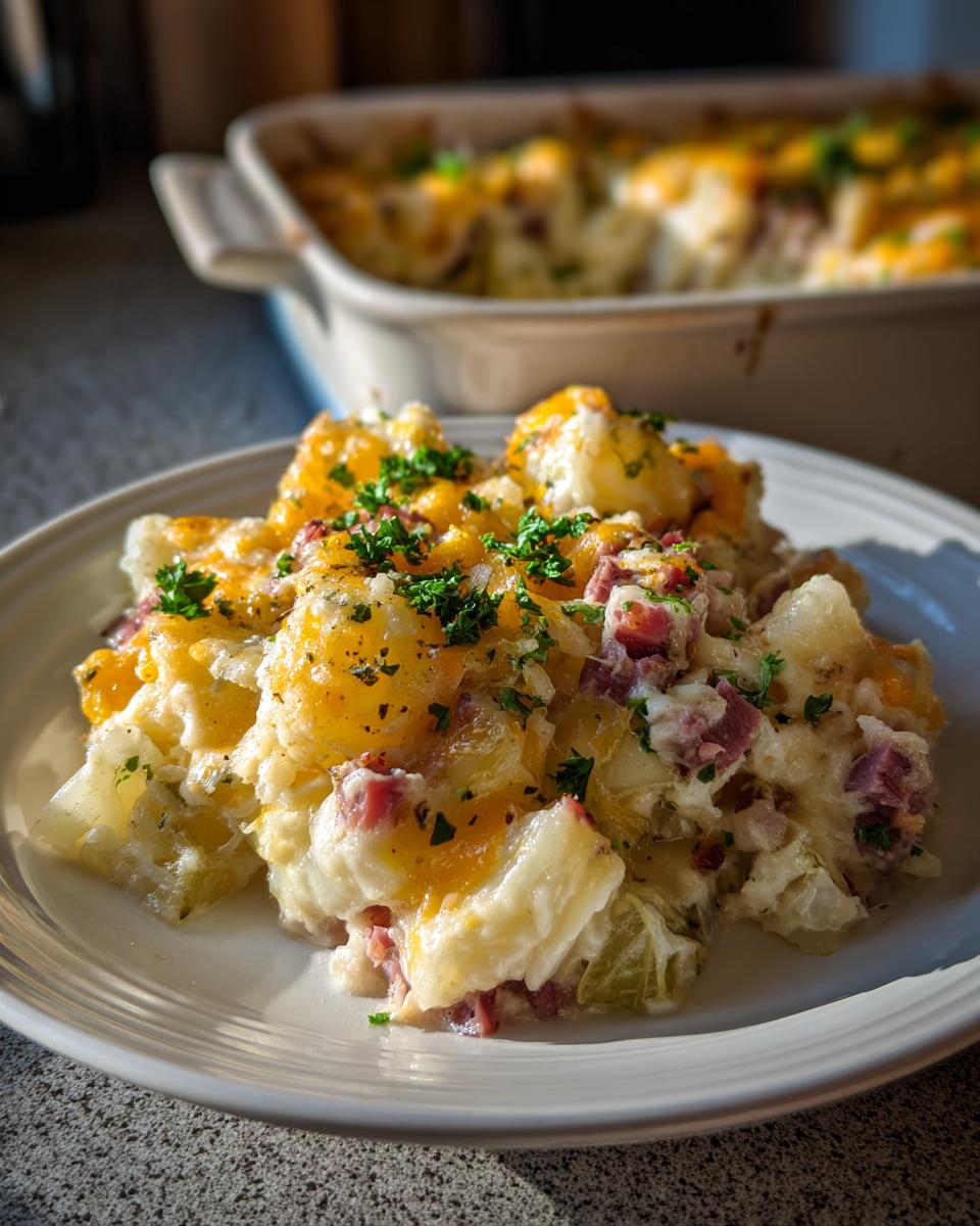 A serving of Corned Beef and Cabbage Casserole on a white plate, topped with melted cheddar cheese and fresh parsley.