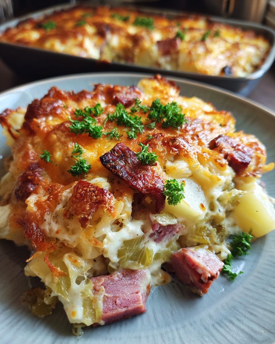 A close-up of a serving of Corned Beef and Cabbage Casserole, topped with melted cheese and parsley.