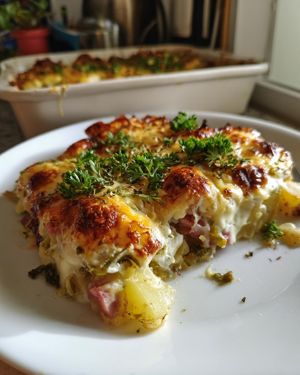 A slice of Corned Beef and Cabbage Casserole with melted cheese and fresh parsley garnish.