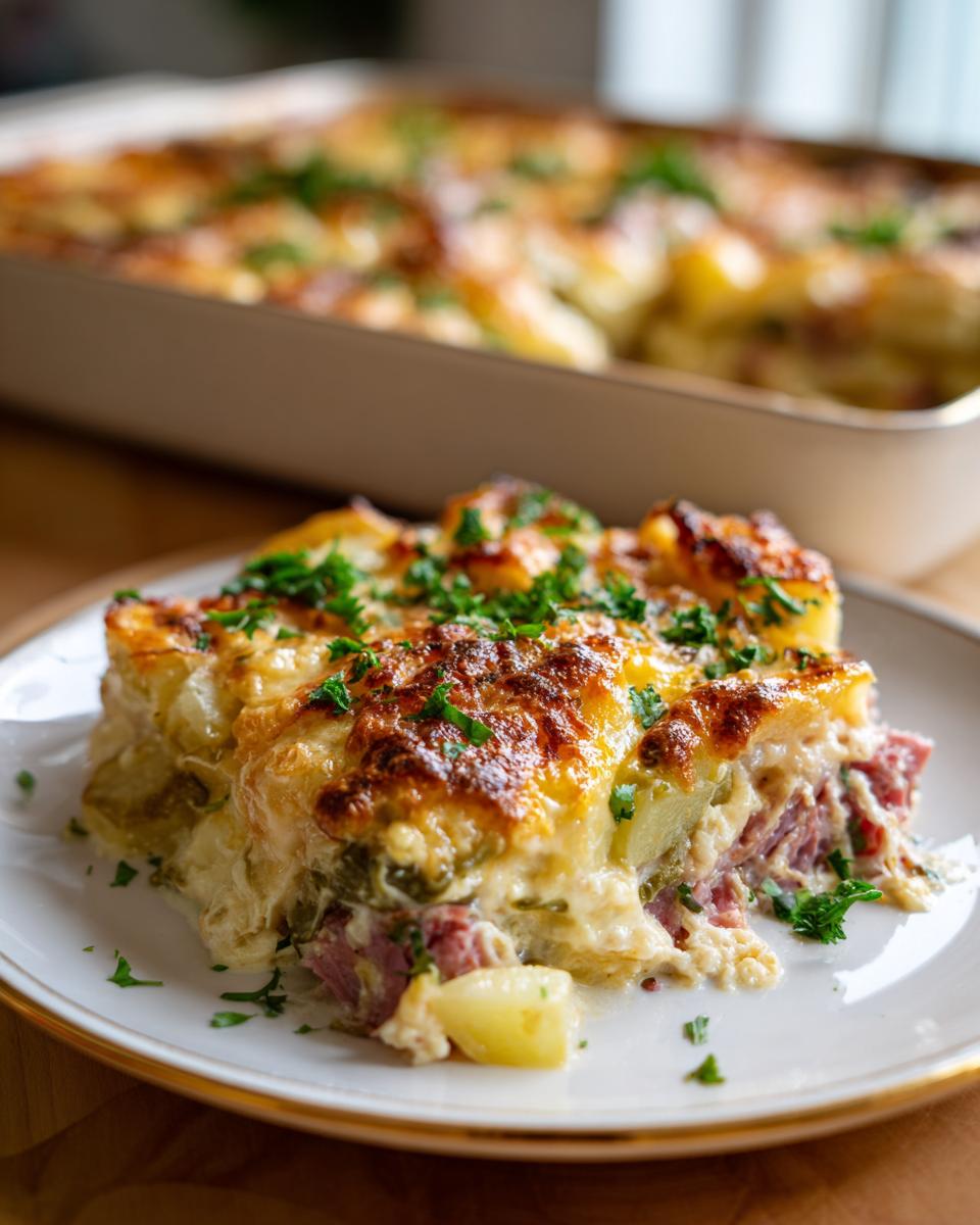 A delicious slice of Corned Beef and Cabbage Casserole, topped with melted cheese and fresh parsley.
