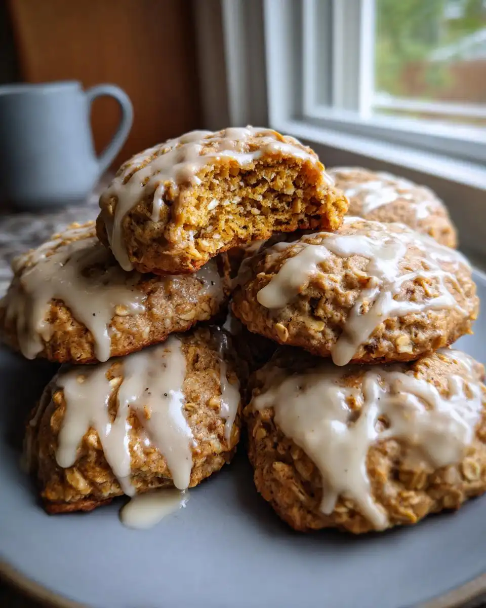 A stack of delicious Cottage Cheese Cinnamon Roll Breakfast Cookies, drizzled with icing. One cookie is broken in half to show the texture.