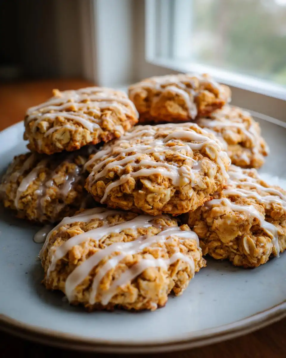 A stack of Cottage Cheese Cinnamon Roll Breakfast Cookies drizzled with white icing on a light blue plate.