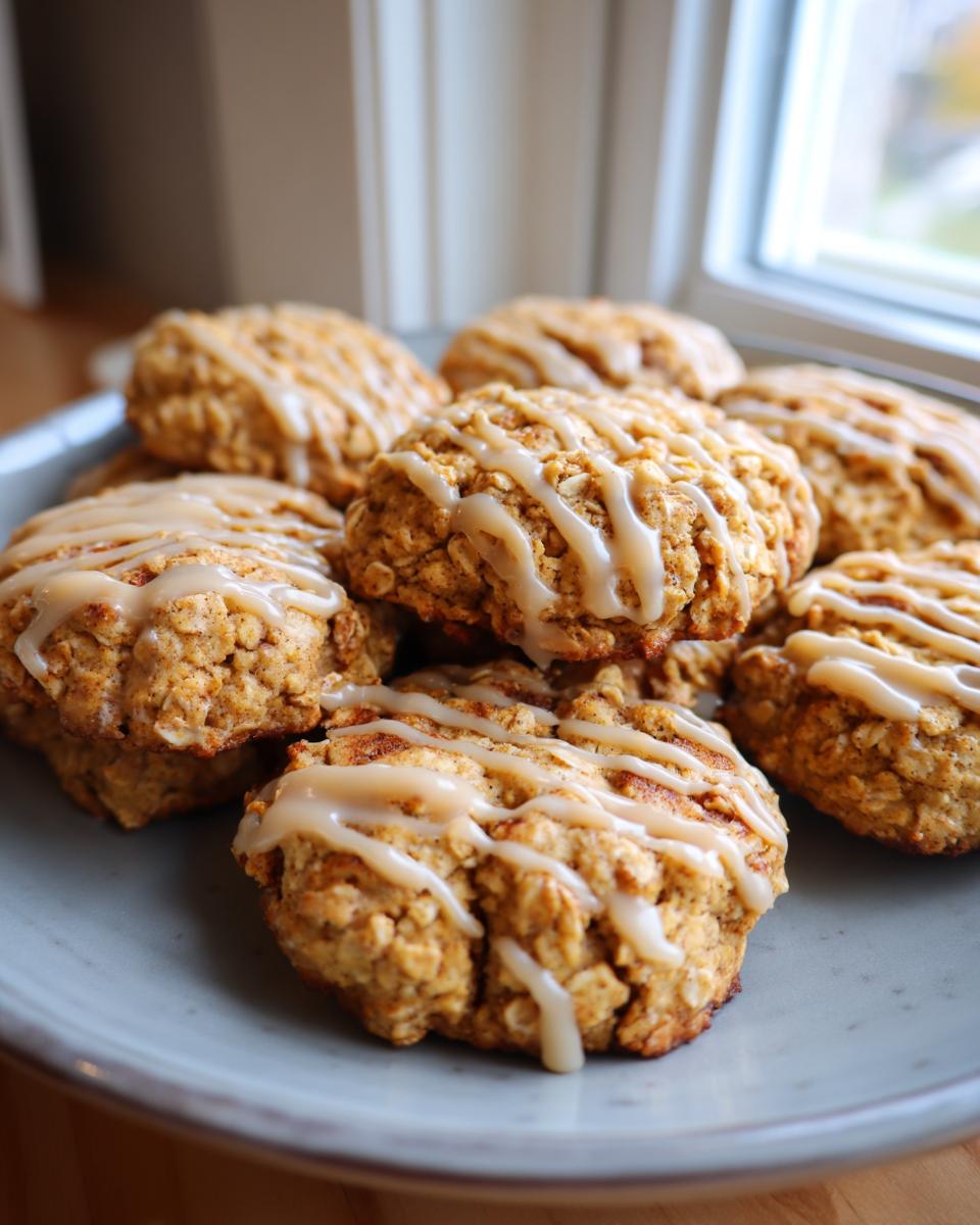 A close-up of a pile of Cottage Cheese Cinnamon Roll Breakfast Cookies drizzled with icing.