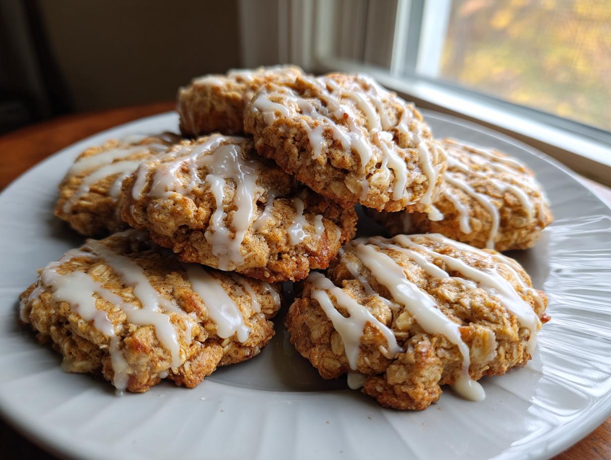 A stack of delicious Cottage Cheese Cinnamon Roll Breakfast Cookies drizzled with icing on a white plate.
