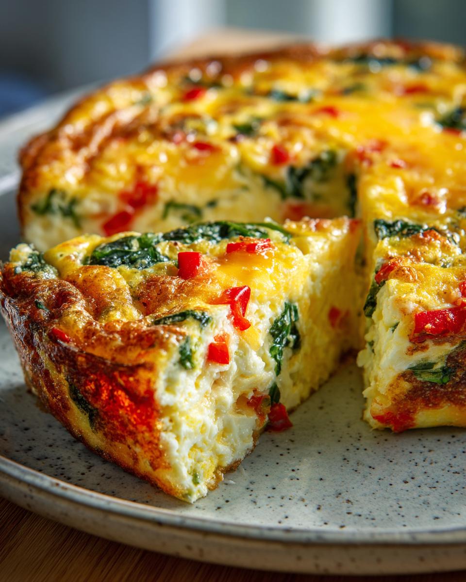 A slice of Cottage Cheese Crustless Quiche featuring spinach and red peppers, with a golden-brown crust.