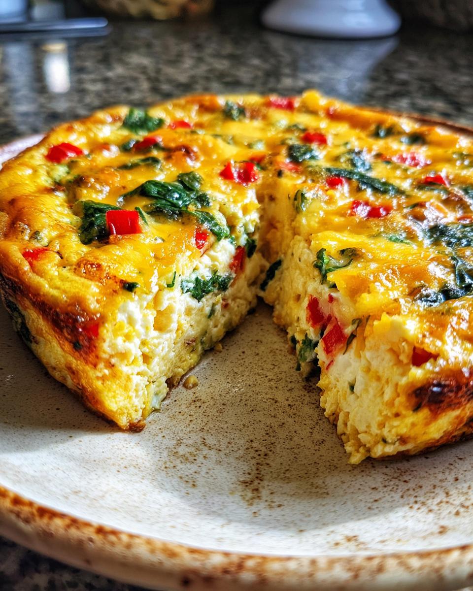 A slice of Cottage Cheese Crustless Quiche filled with spinach, red bell peppers, and cheese.