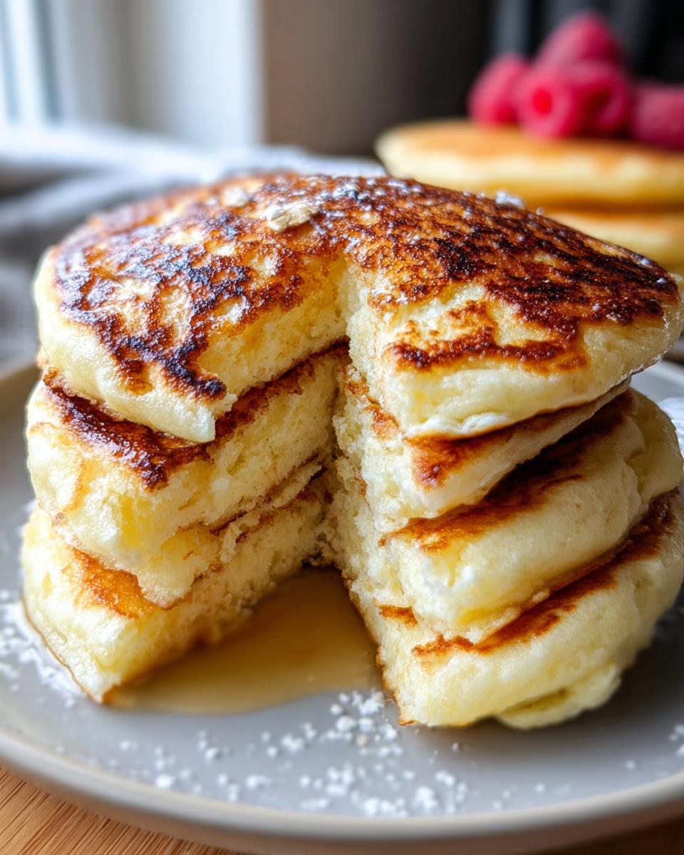 A close-up of a stack of fluffy cottage cheese pancakes, drizzled with syrup and dusted with powdered sugar.