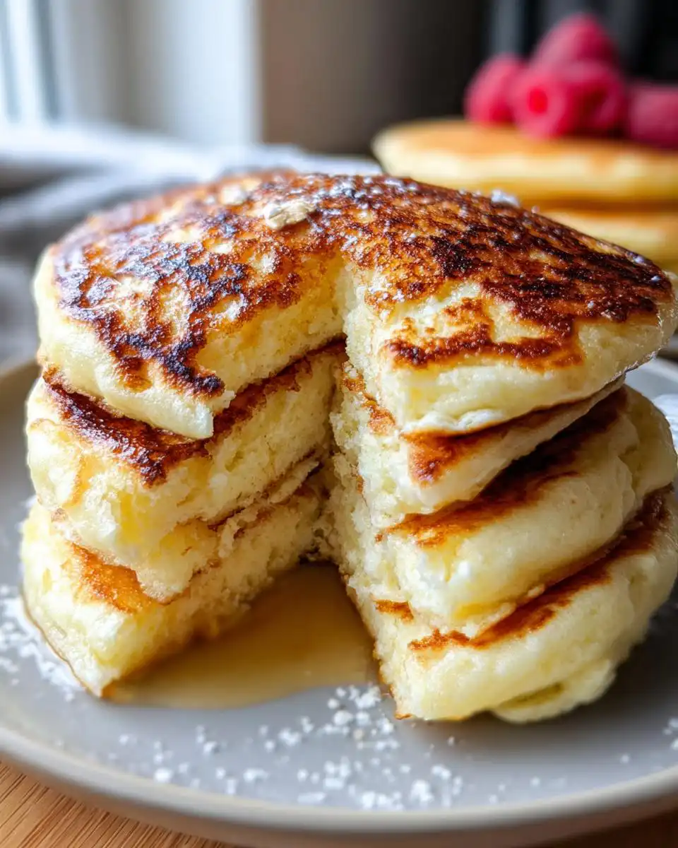 A close-up of a stack of fluffy cottage cheese pancakes, drizzled with syrup and dusted with powdered sugar.