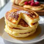 A stack of fluffy cottage cheese pancakes, dusted with powdered sugar and drizzled with syrup.