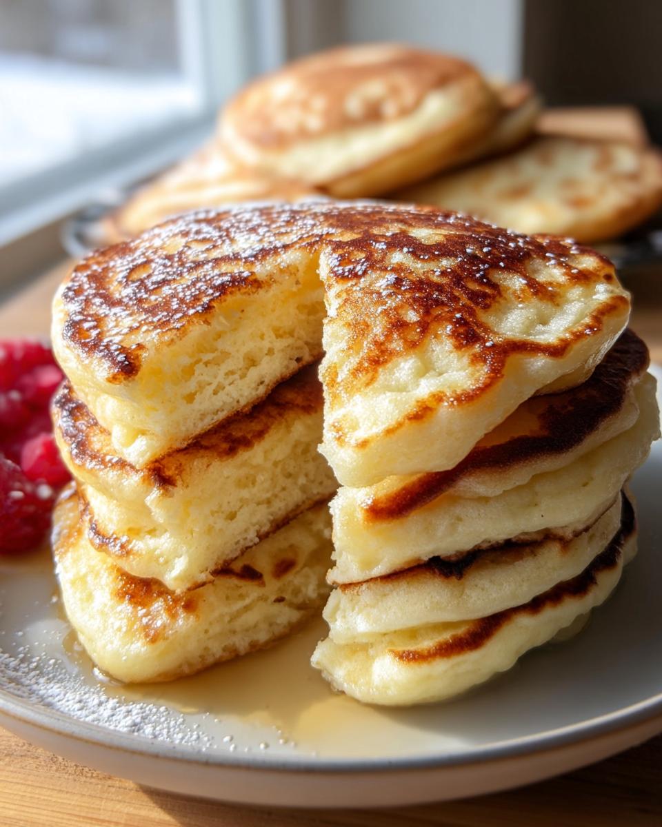 A stack of fluffy cottage cheese pancakes dusted with powdered sugar, served with raspberries.