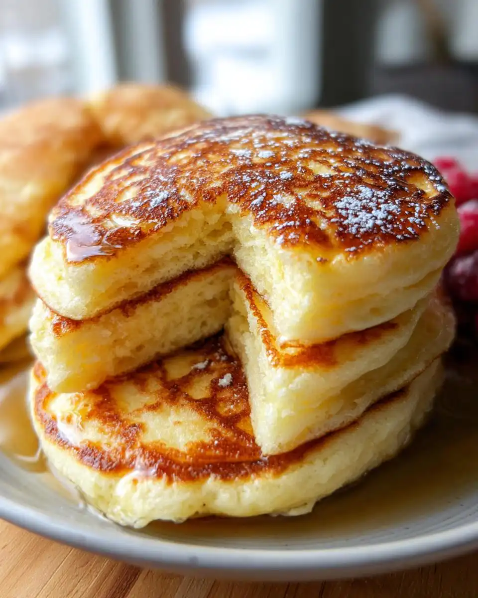 A close-up of a stack of fluffy cottage cheese pancakes, dusted with powdered sugar and drizzled with syrup.