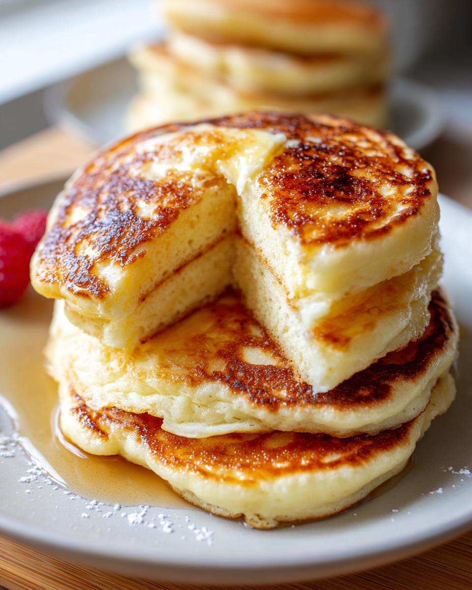 A stack of fluffy cottage cheese pancakes with melted butter and syrup, a raspberry on the side.