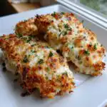 Close-up of three pieces of Creamy Baked Cream Cheese Chicken, topped with melted cheese and parsley.