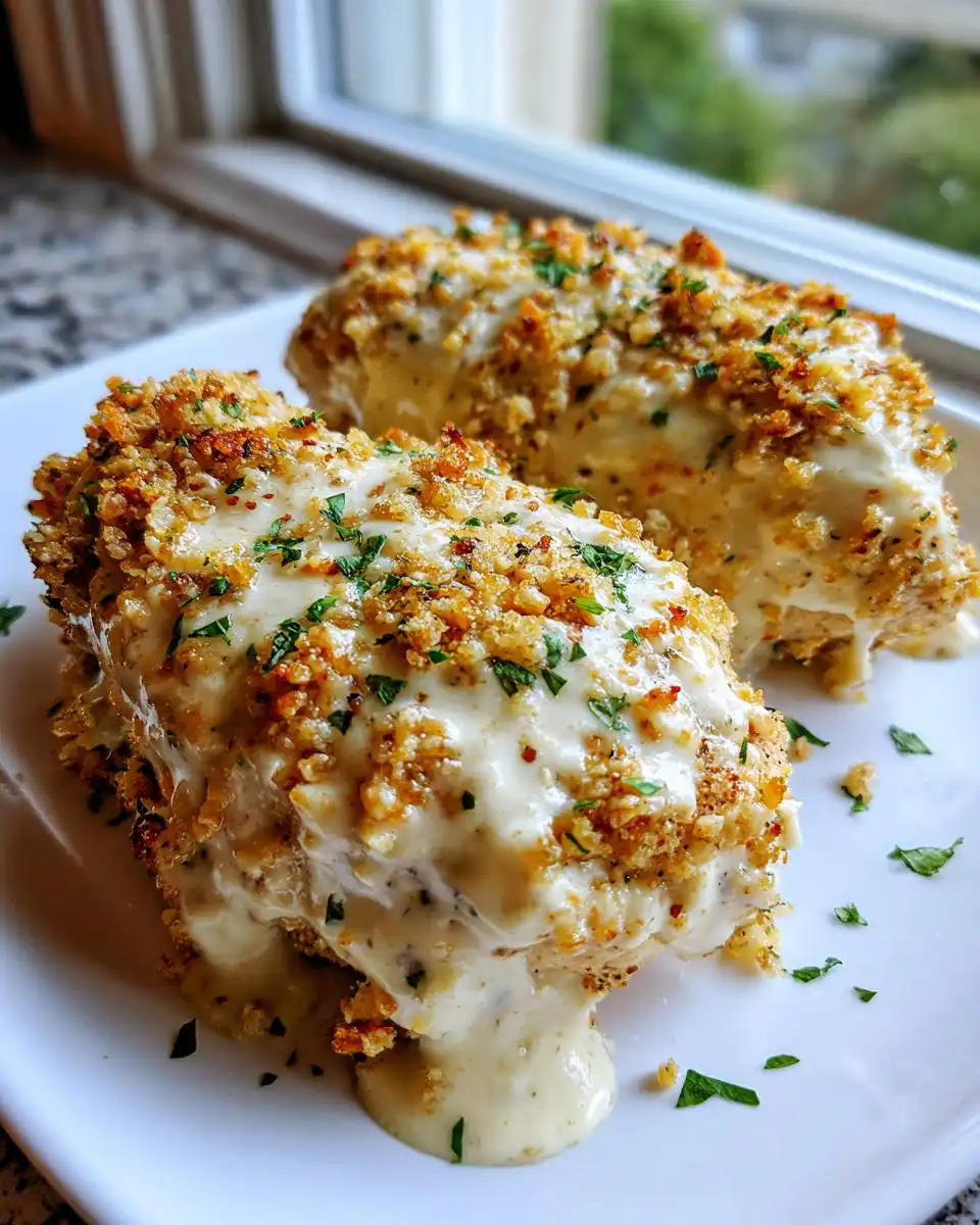 Two servings of Creamy Baked Cream Cheese Chicken, topped with crispy breadcrumbs and fresh parsley.