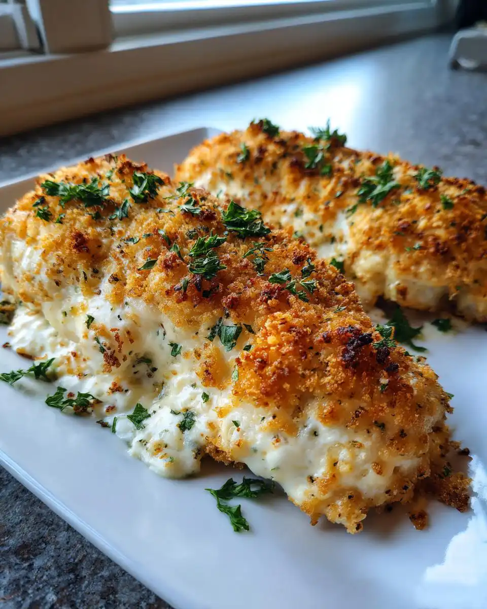 Two pieces of Creamy Baked Cream Cheese Chicken topped with golden breadcrumbs and fresh parsley.