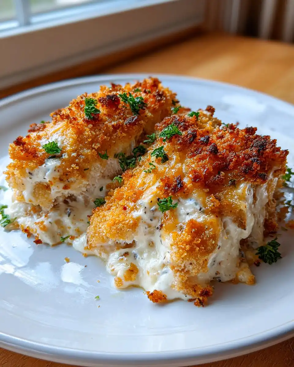 Two servings of Creamy Baked Cream Cheese Chicken with a golden breadcrumb crust and rich, creamy sauce.