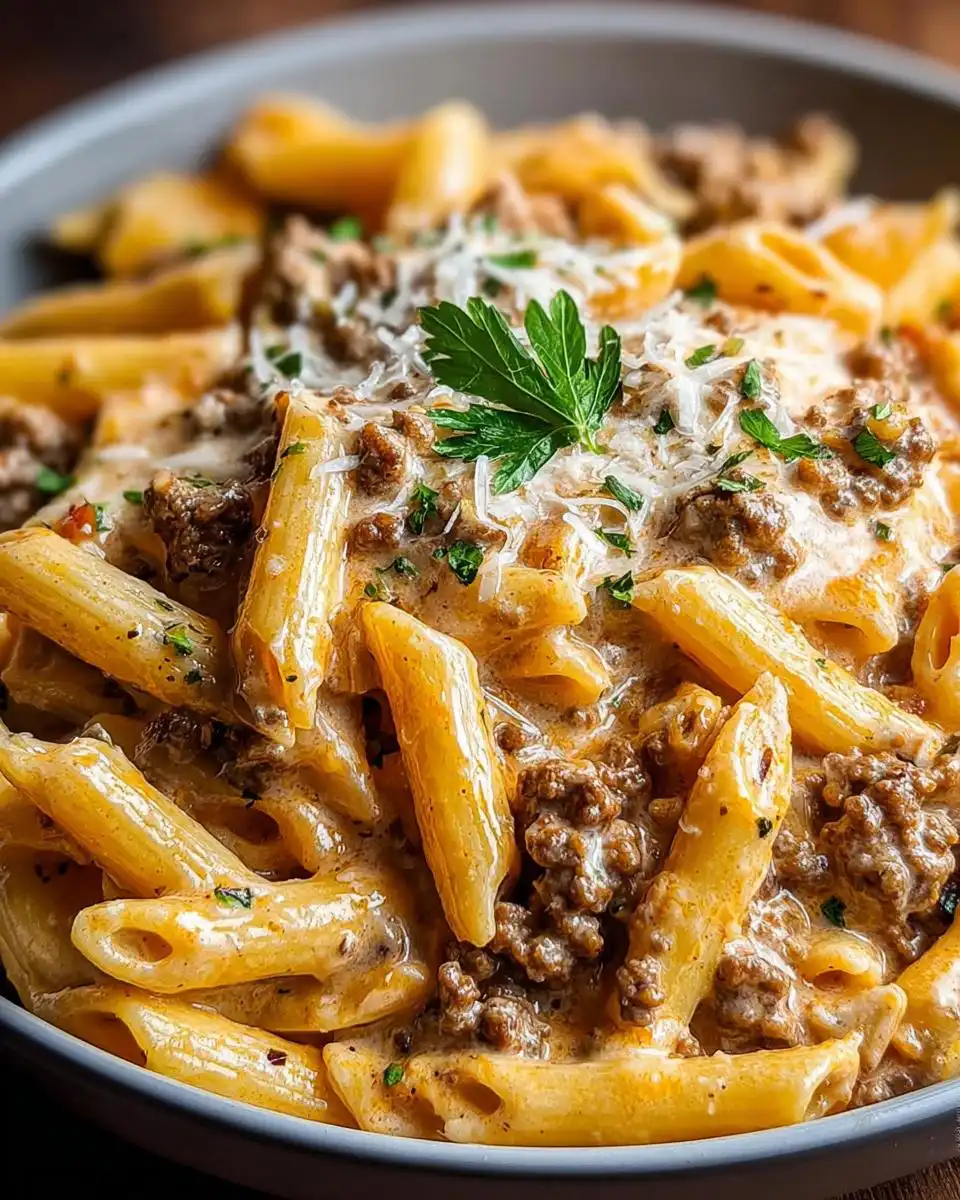 Close-up of a bowl of creamy beef pasta, featuring penne pasta, seasoned ground beef, and a rich sauce, garnished with parsley and parmesan.