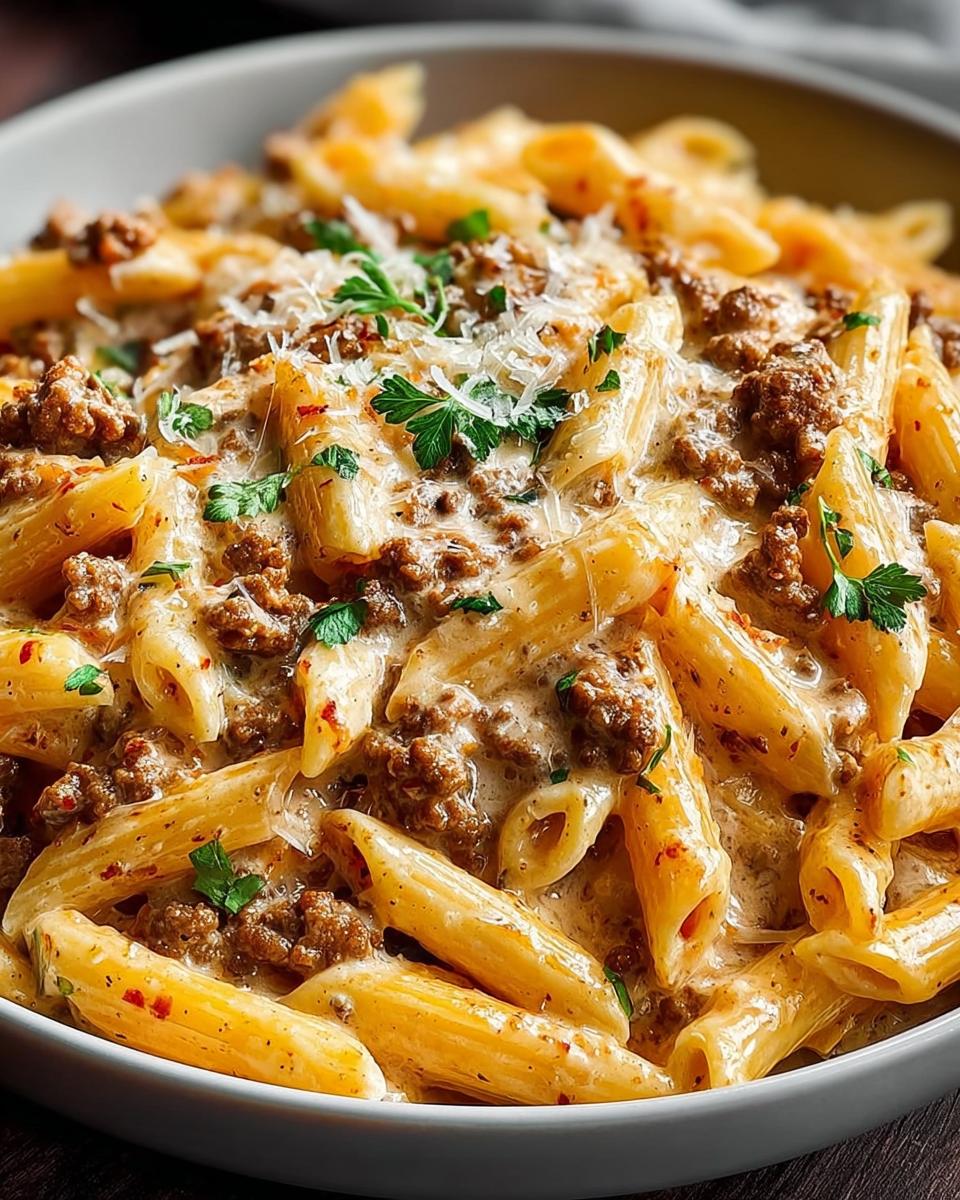A close-up of a bowl of creamy beef pasta recipe with penne noodles, ground beef, and parsley.