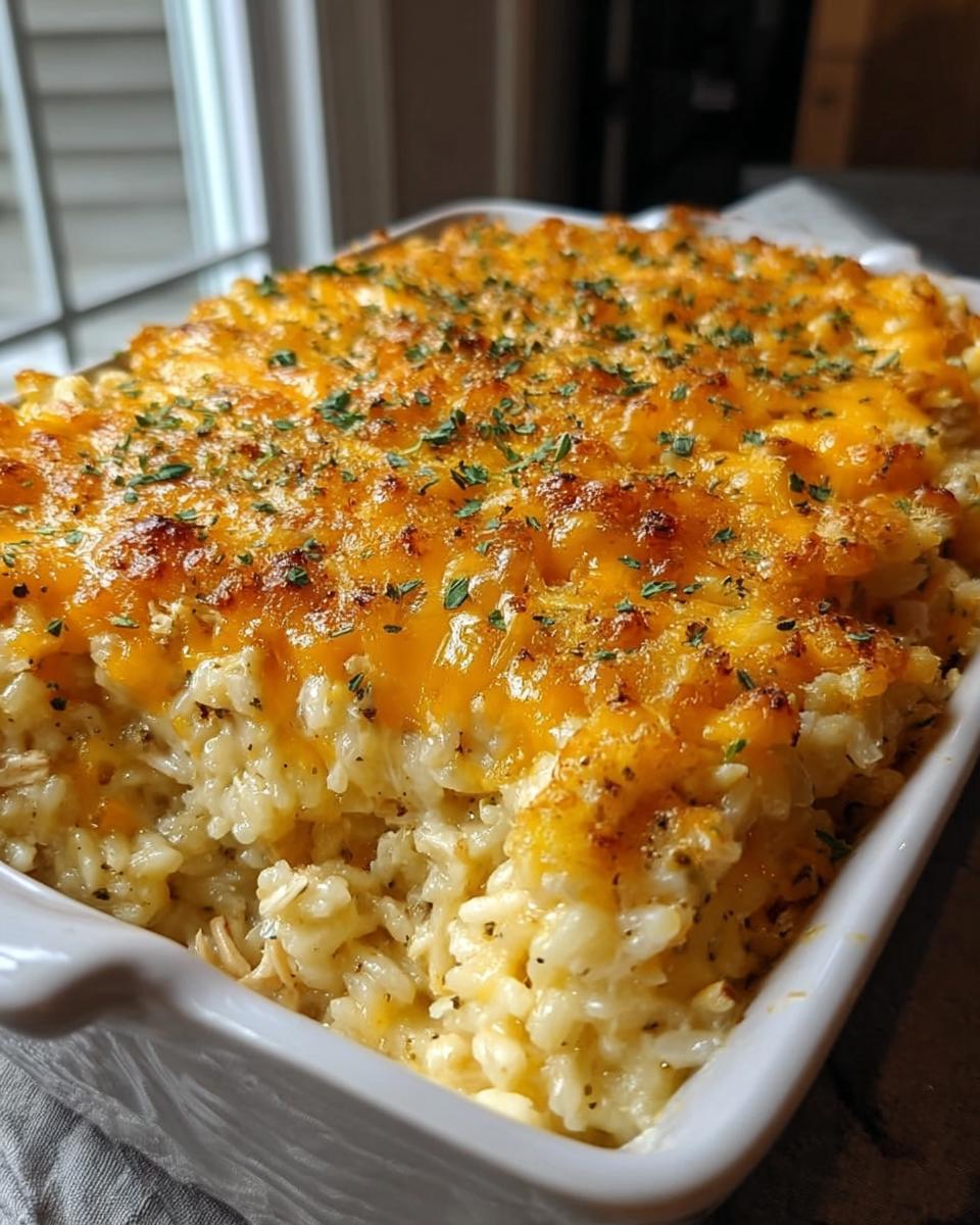 A close-up of a baked Creamy Chicken Rice Casserole topped with melted golden cheese and sprinkled with parsley.