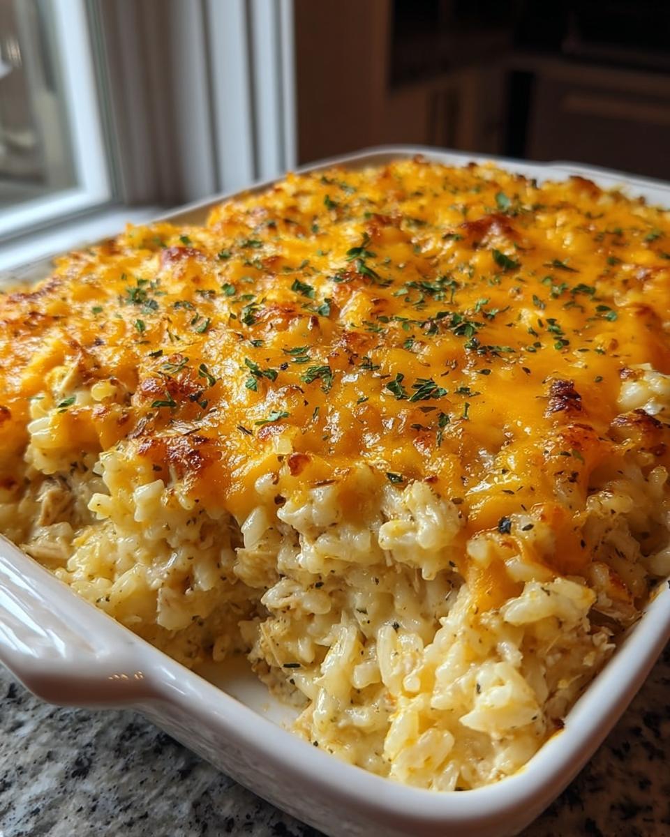 A close-up of a creamy chicken rice casserole topped with melted cheddar cheese and parsley.