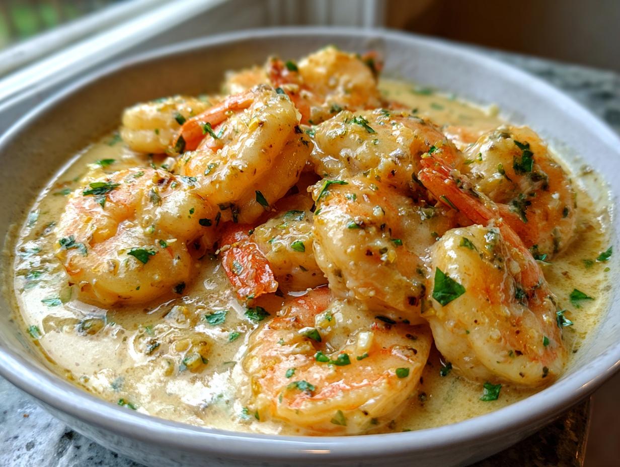A close-up of a bowl filled with succulent Creamy Coconut Garlic Shrimp in a rich, creamy sauce, garnished with fresh parsley.