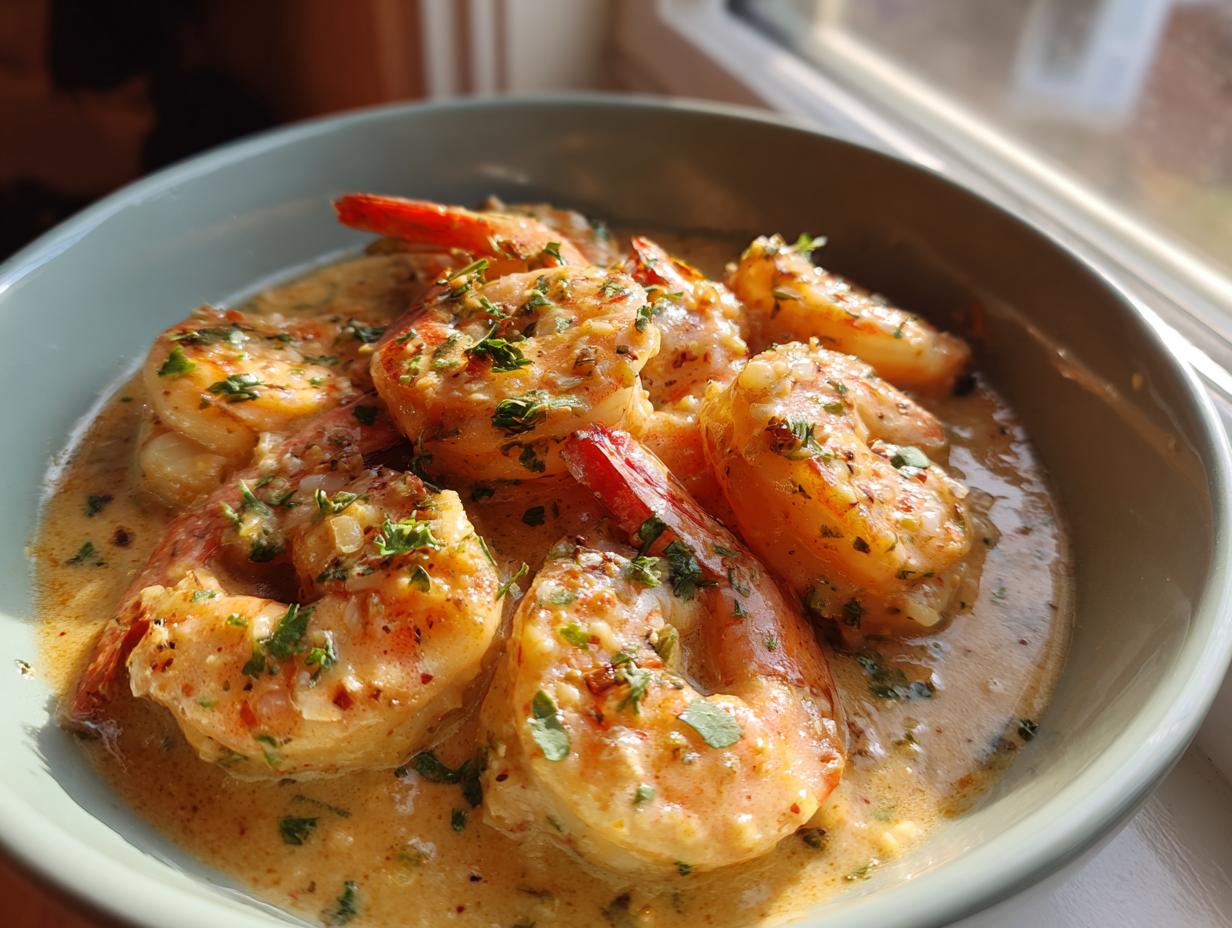 A close-up of succulent shrimp coated in a rich, creamy coconut garlic sauce, garnished with fresh herbs.