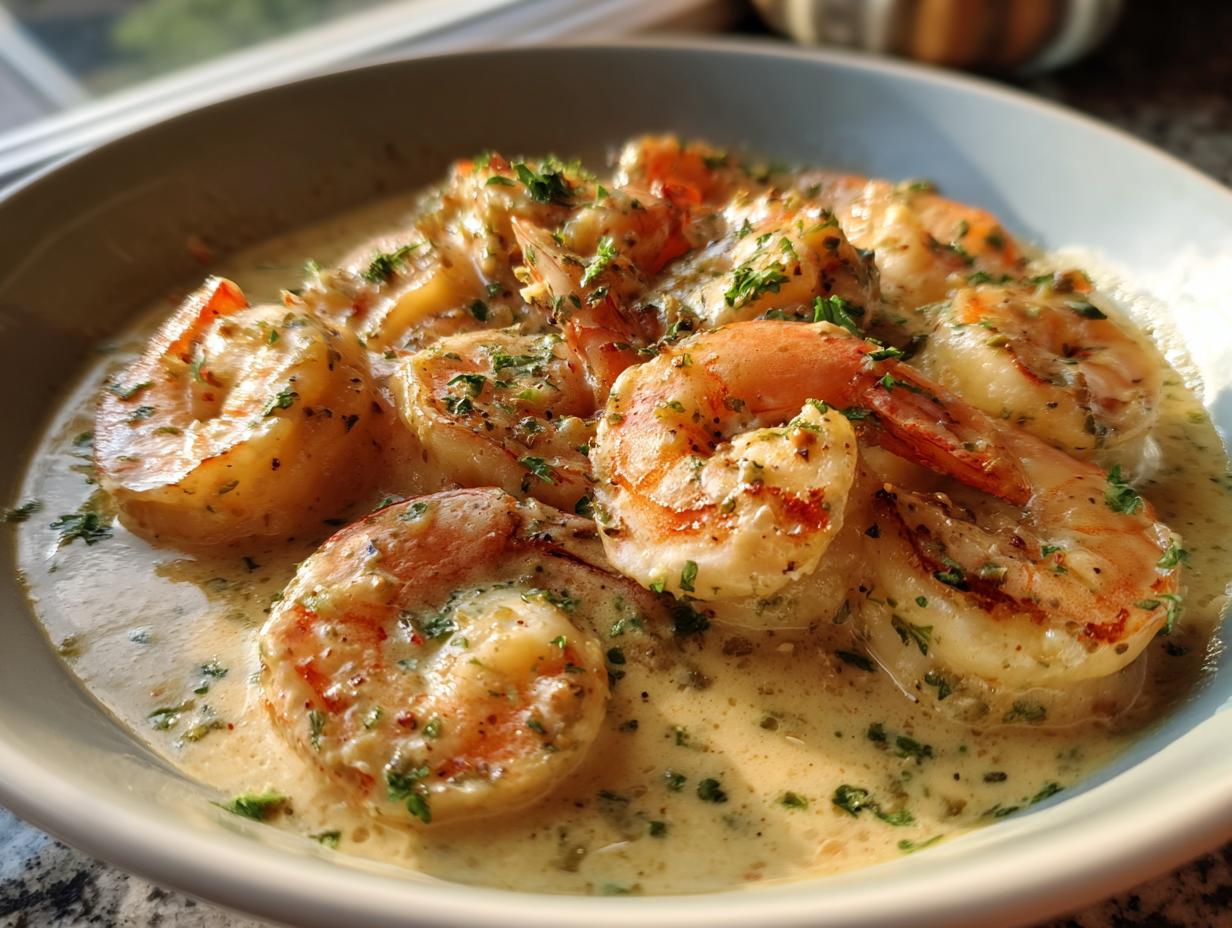 Close-up of succulent Creamy Coconut Garlic Shrimp swimming in a rich, creamy sauce and garnished with fresh parsley.