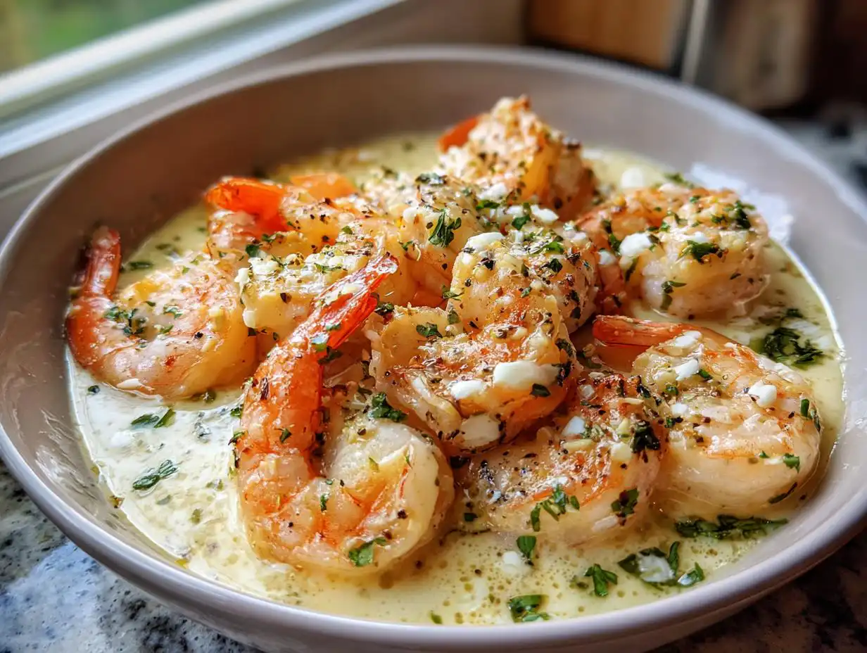 A close-up of succulent Creamy Coconut Garlic Shrimp served in a bowl with a rich, creamy sauce and garnished with fresh herbs.