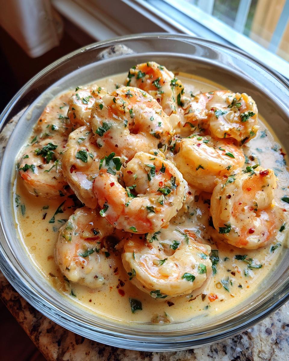 A close-up of succulent shrimp coated in a rich, creamy coconut garlic sauce, garnished with fresh parsley and red pepper flakes.