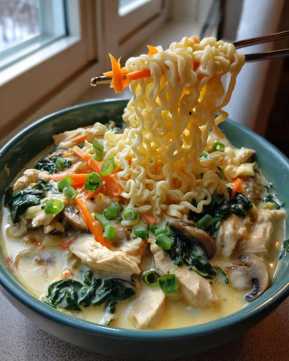 A close-up of a bowl of Creamy Garlic Chicken Ramen, with noodles being lifted by chopsticks, showing chicken, spinach, carrots, and mushrooms.