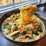 A bowl of Creamy Garlic Chicken Ramen Recipe with noodles being lifted by chopsticks, filled with chicken, carrots, spinach, and mushrooms.