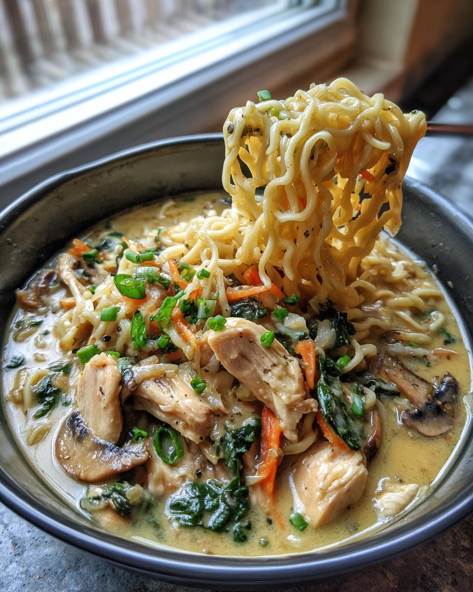 A bowl of Creamy Garlic Chicken Ramen, with noodles being lifted by chopsticks, showing chicken, mushrooms, and greens.