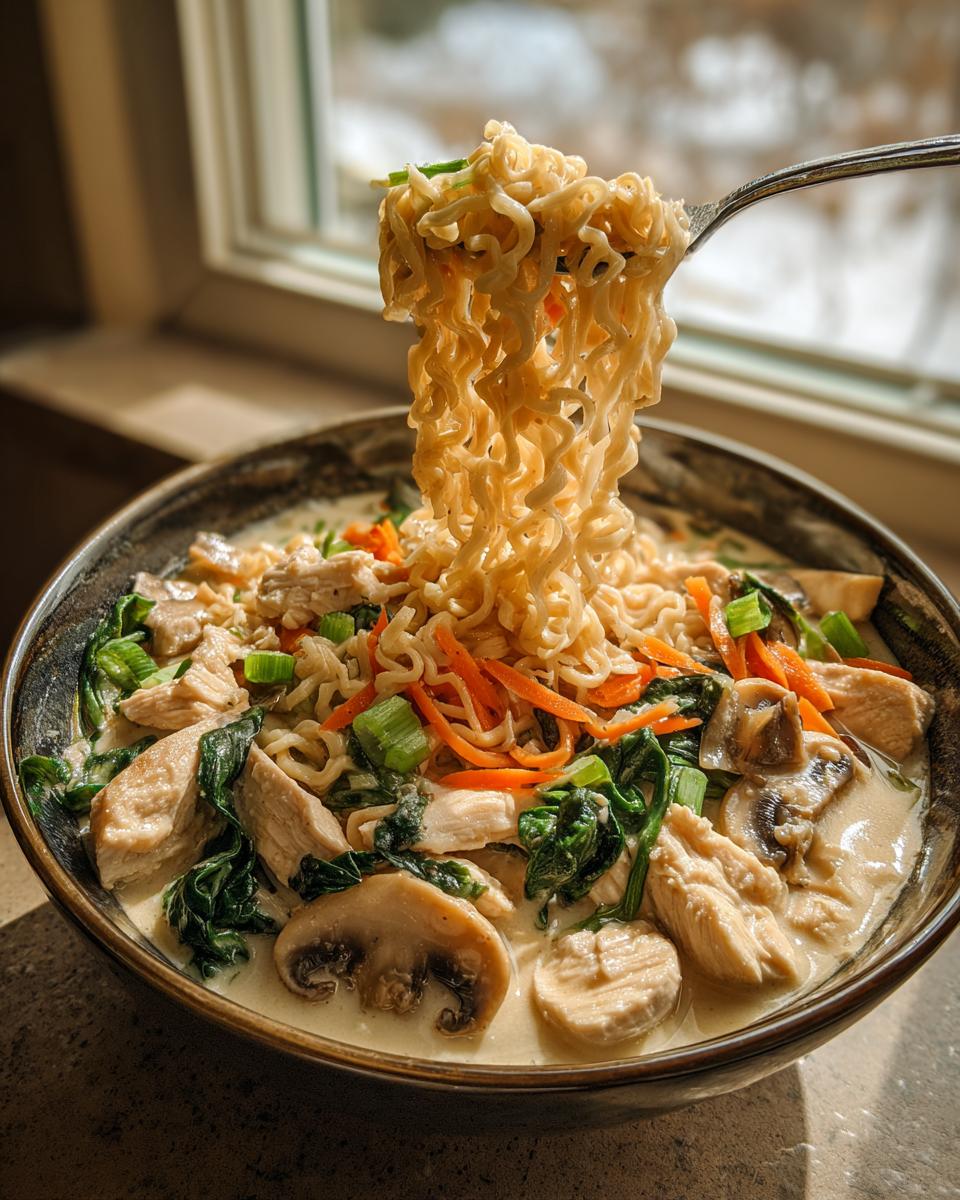 A fork lifting a generous portion of noodles from a bowl of Creamy Garlic Chicken Ramen, filled with chicken, mushrooms, spinach, and carrots.