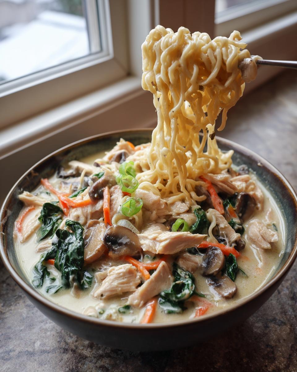 A bowl of Creamy Garlic Chicken Ramen, with noodles being lifted by chopsticks, filled with chicken, mushrooms, spinach, and carrots.