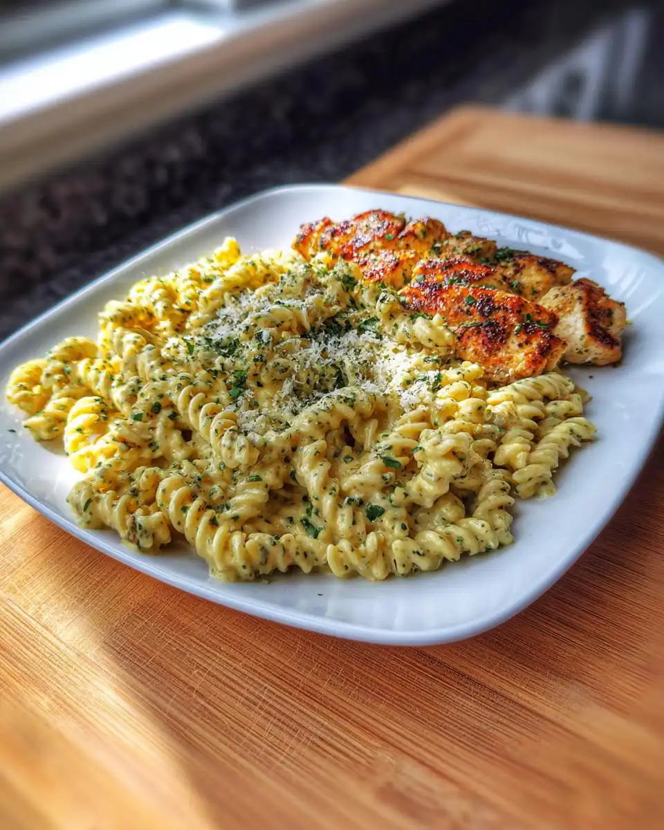 A plate of creamy garlic parmesan chicken pasta with fusilli noodles and grilled chicken strips, garnished with parsley and cheese.