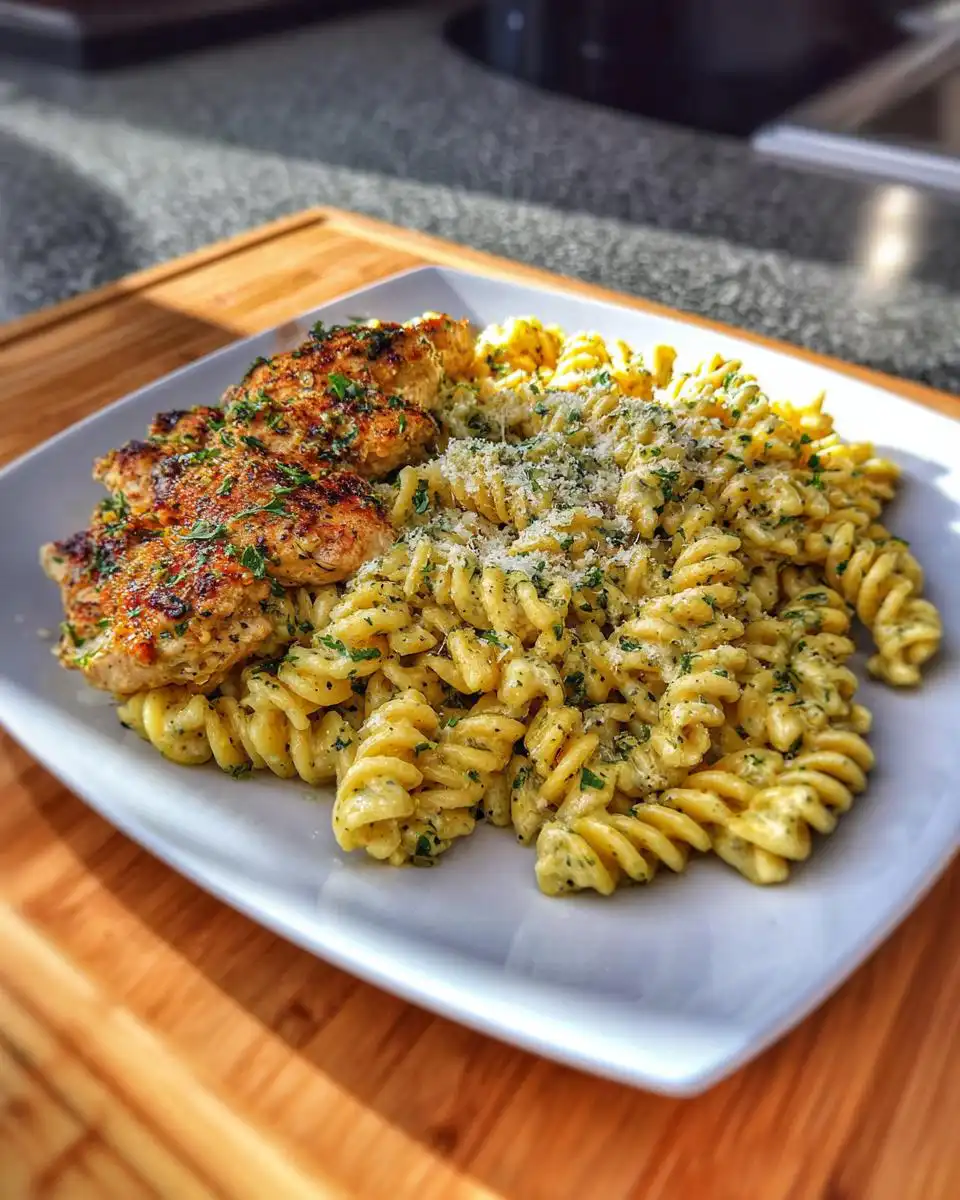 A plate of creamy garlic parmesan chicken pasta with fusilli noodles and pan-seared chicken pieces, garnished with parsley and parmesan.
