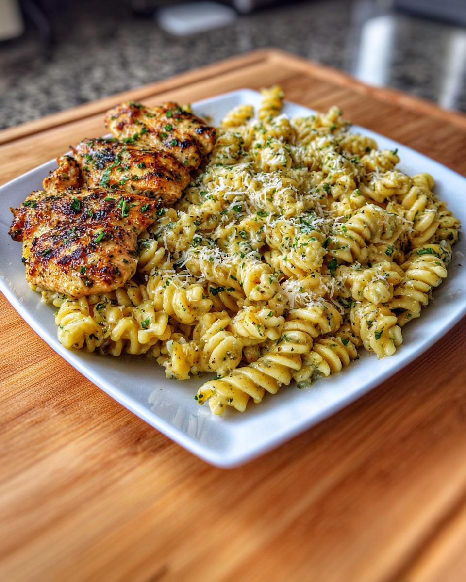 A plate of creamy garlic parmesan chicken pasta with grilled chicken breasts, garnished with parsley and parmesan cheese.