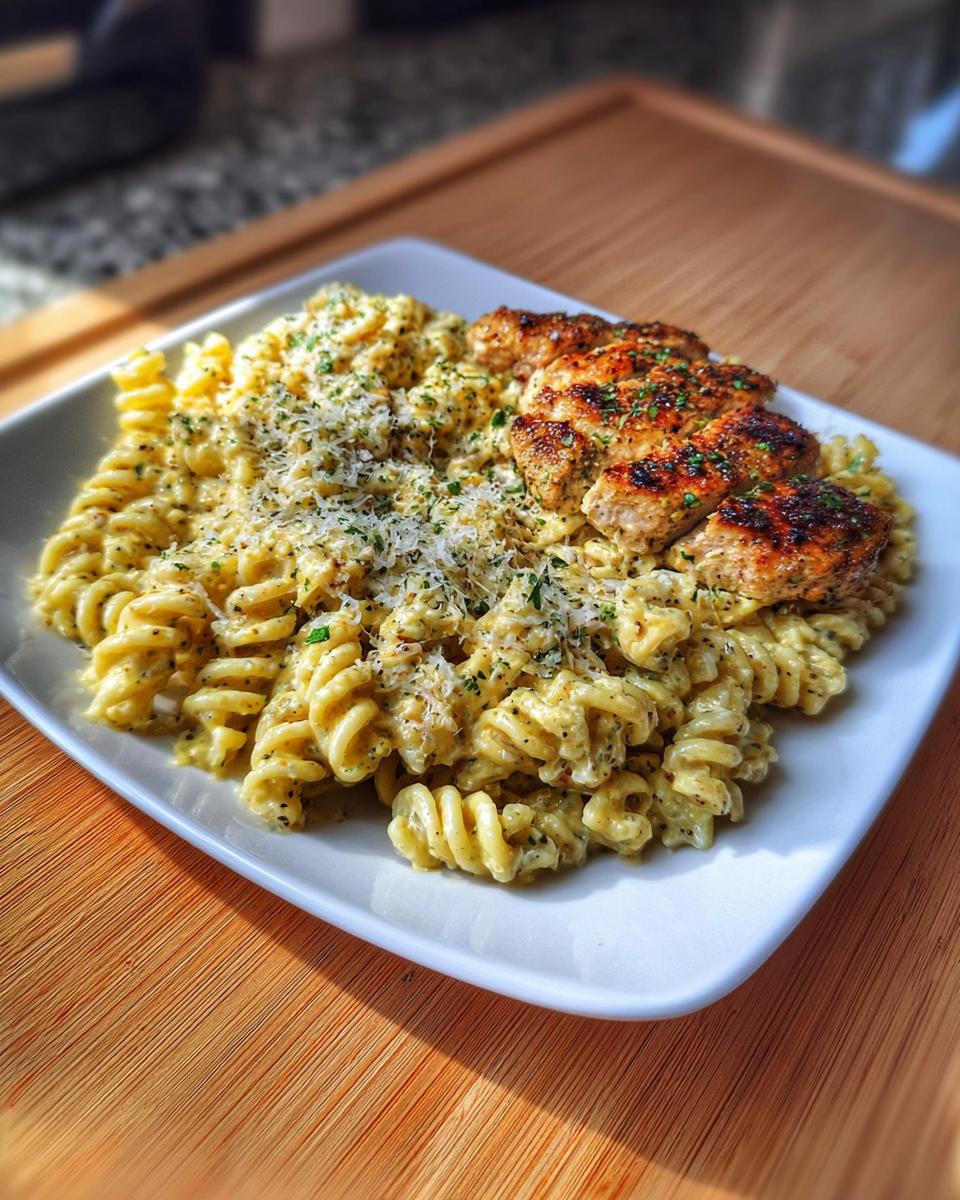 A plate of creamy garlic parmesan chicken pasta topped with grilled chicken slices and sprinkled with parsley.