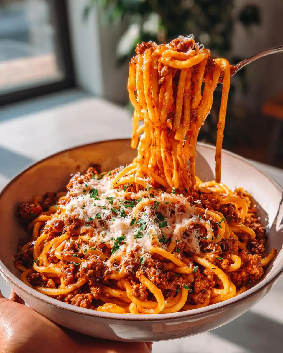 A fork lifting a generous portion of Creamy Italian Spaghetti Ground Beef One Pot Meal from a bowl, topped with grated cheese and parsley.