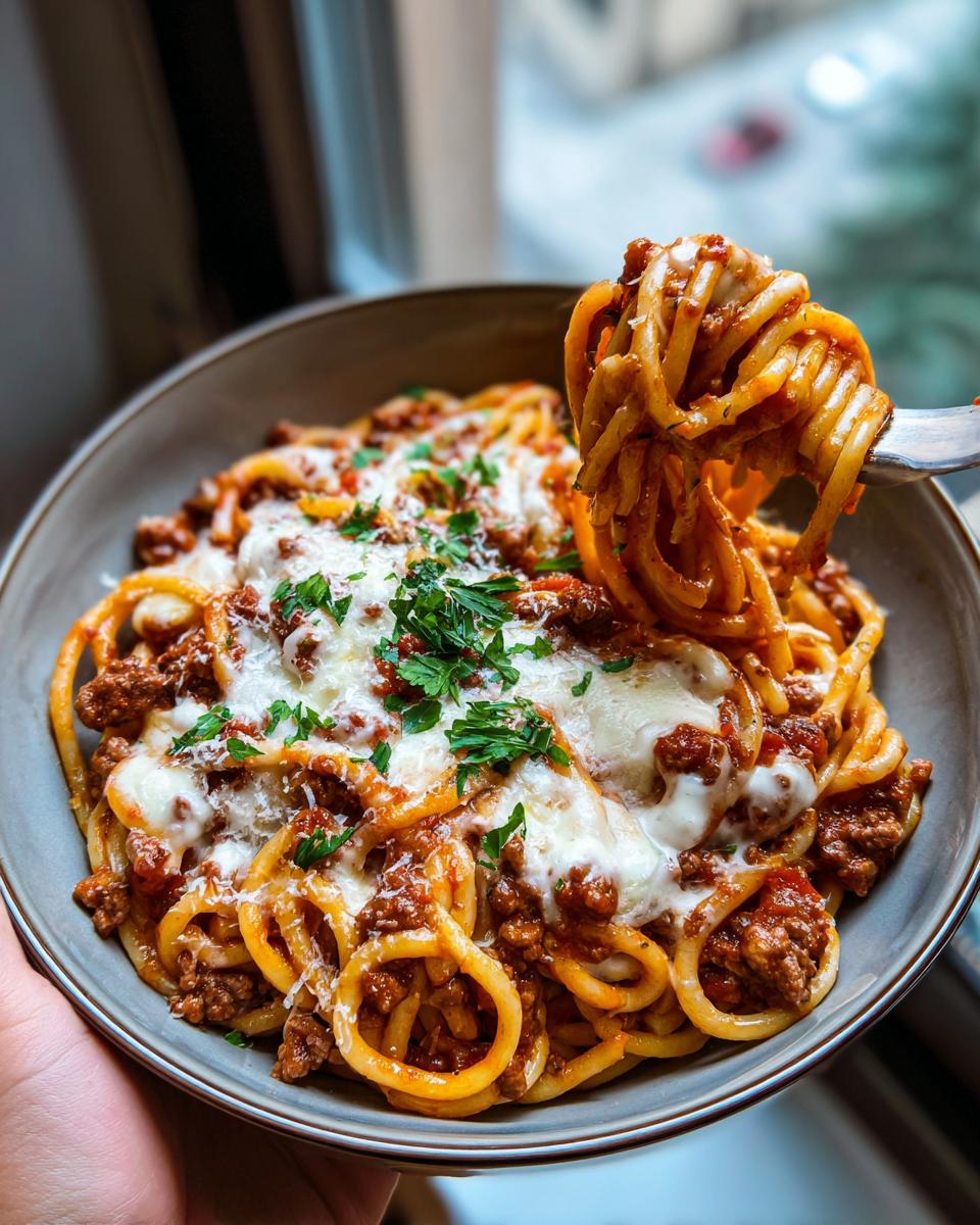 A fork twirls a portion of Creamy Italian Spaghetti Ground Beef One Pot Meal, topped with melted cheese and parsley.