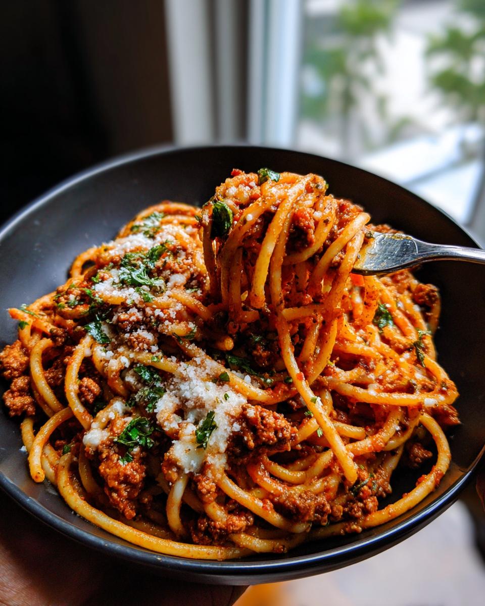 A close-up shot of a bowl of Creamy Italian Spaghetti Ground Beef One Pot Meal, with a fork lifting a portion.