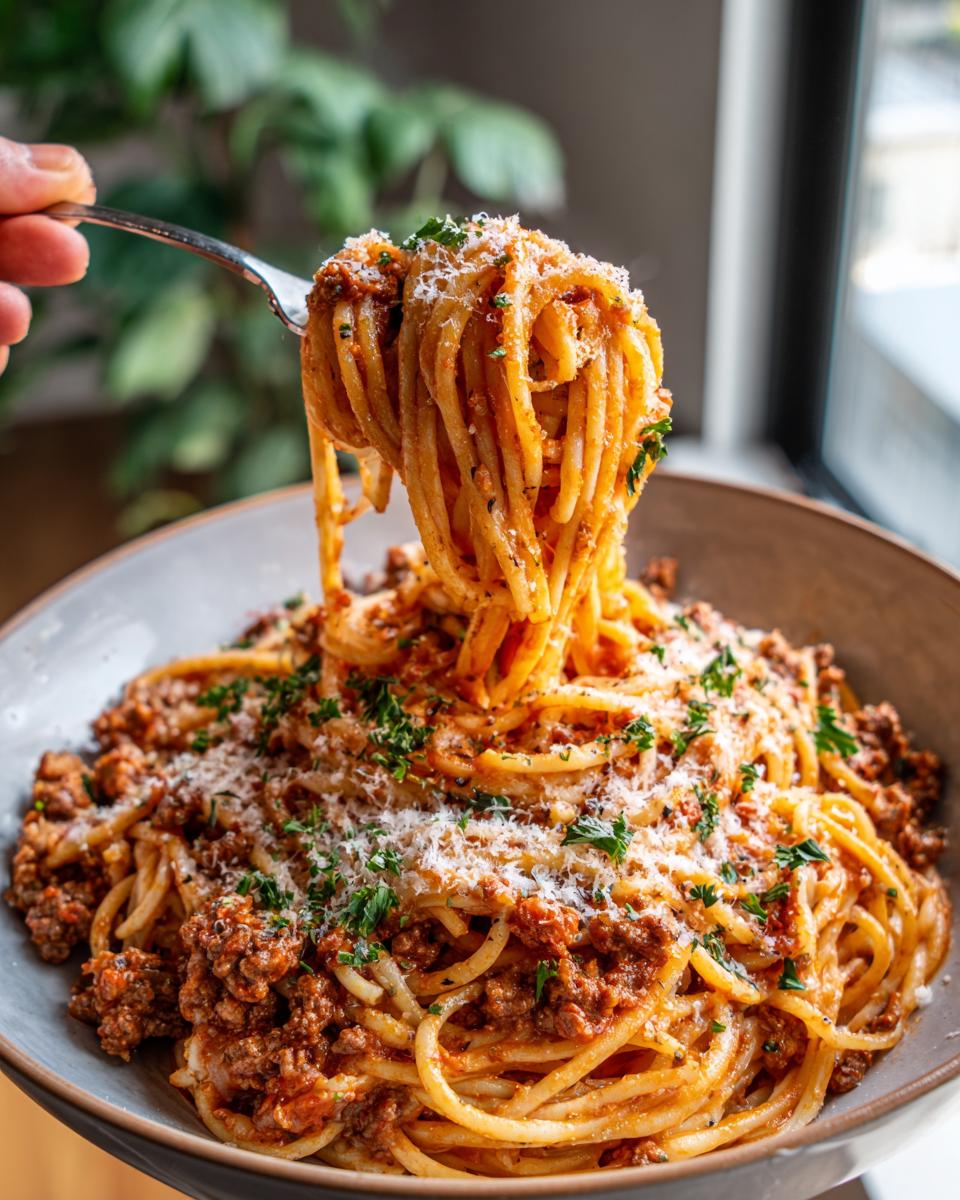 A fork lifting a generous portion of Creamy Italian Spaghetti Ground Beef One Pot Meal, topped with Parmesan and parsley.