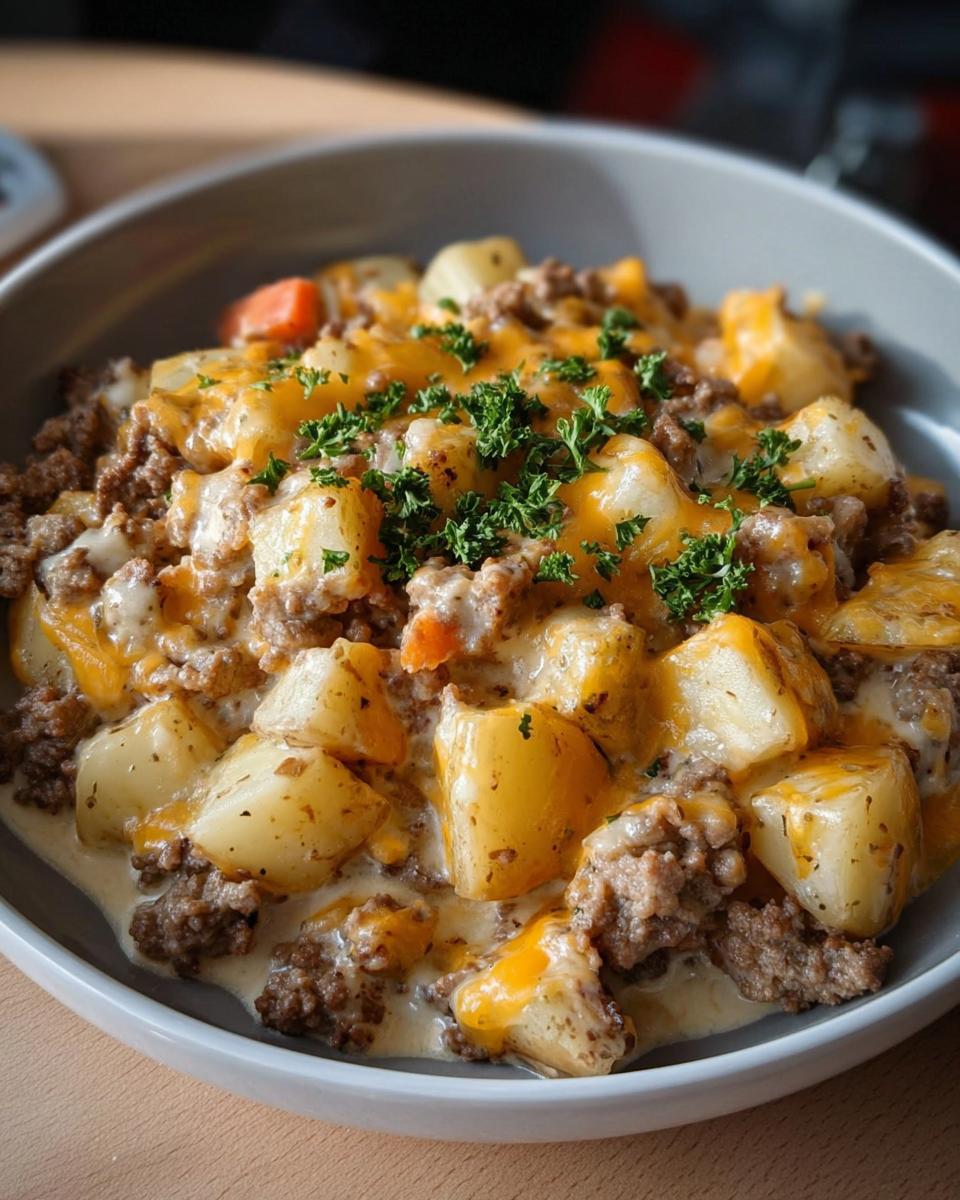 A close-up of a bowl filled with creamy meat and potato skillet, topped with melted cheddar cheese and fresh parsley.
