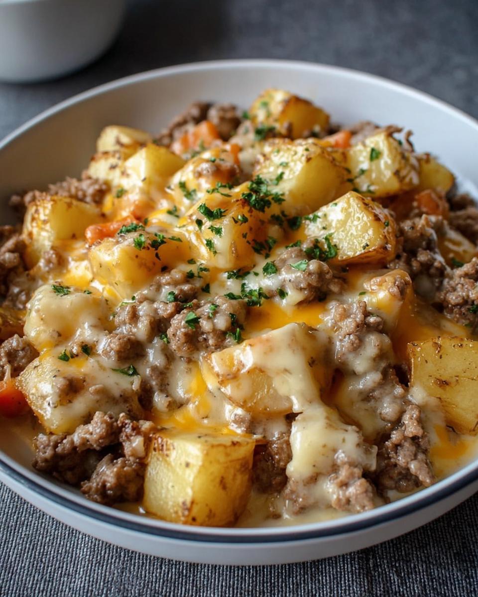 Close-up of a bowl filled with a creamy meat and potato skillet, topped with melted cheese and parsley.